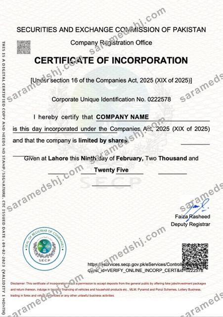 Pakistan certificate of incorporation Word and PDF template
